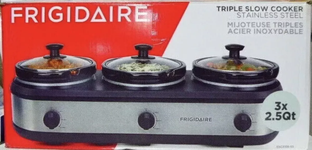 FRIGIDAIRE ESC3105 SS Slow Cooker Buffet Server 3 Pot Food Warmer Stainless NEW