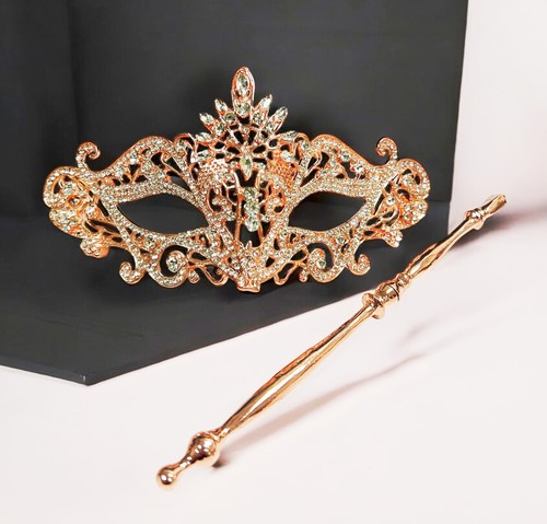 Rose Gold Masquerade Mask, Clear Crystal Masquerade Mask with Stick, Prom Mask - Picture 10 of 10