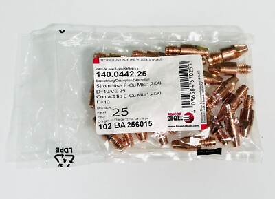 ABICOR BINZEL 140.0442.25 GAS WELDING CONTACT TIP E-CU M8/1,2/30 D=10 LOT OF 25