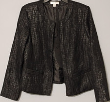 Dressbarn Jacket Blazer Womens M Black Sheen 2 Pockets Long Sleeves Open Front
