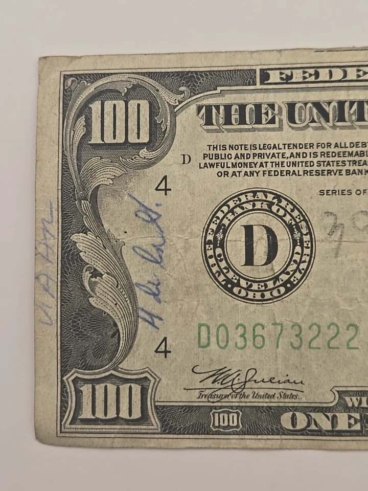 1934 One Hundred $100 Dollar Federal Reserve Note D Cleveland, OH - Image 2 of 4