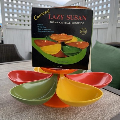 Vintage Plastic Flower Power Orange Green Yellow Lazy Susan Snack Server Retro