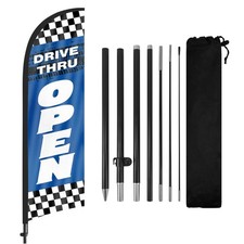 Drive Thru Open Feather Flag 8FT with Pole  Ground Stake, Restaurant Sign
