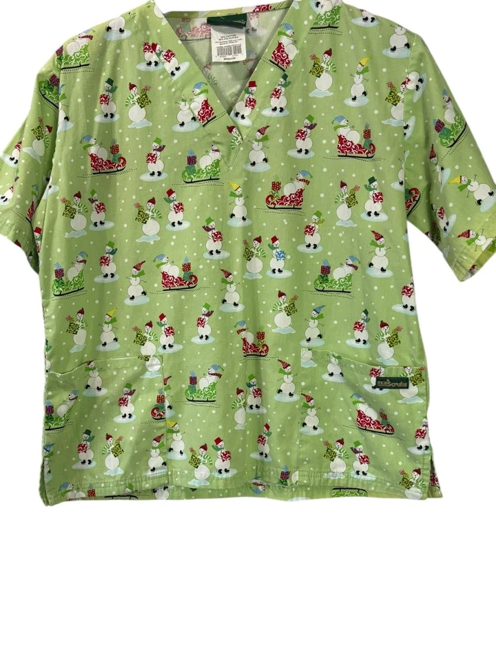 Uniform Advantage Womens Lime Scrub Top Snowman V-Neck Medical Size M - Image 3 of 4