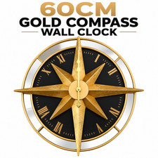 60cm Gold Compass Wall Clock Large Roman Numeral Mirrored Metal Living Room Deco