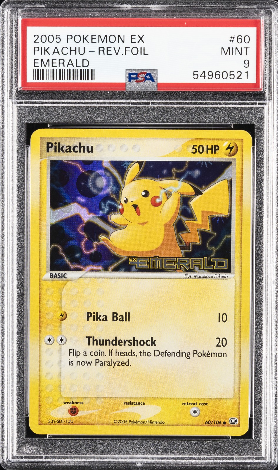 2005 POKEMON EX EMERALD #60 PIKACHU-REVERSE FOIL PSA 9