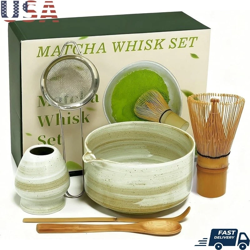 Complete Matcha Whisk Set Ceramic Bowl Bamboo Whisk Sifter Spoon Tea Accessories