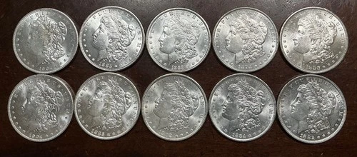 MORGAN DOLLAR LOT 10 COINS ALL AU+UNC BLAST WHITE BEAUTIFUL LUSTER 1878-1904 P O