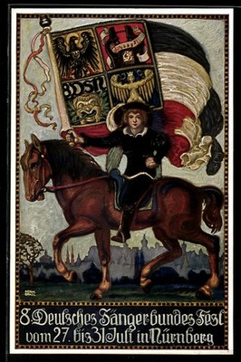 Artist postcard Nuremberg, 8. German Singer Bundes Fest, 1912, Herald on Horseback 