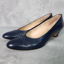 Vintage Salvatore Ferragamo Women's Navy Blue Pumps Shoes Block Heel 6.5 AAA