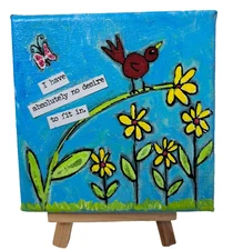 Whimsical Original Acrylic Painting  -4x4x.50 Canvas - Red BIRD on Flower 