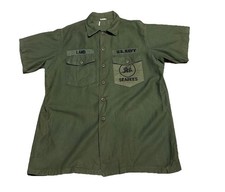 Vintage 60s Military Fatigue Shirt Mens 17.5 Green US Navy Seabees OG-107 Sateen