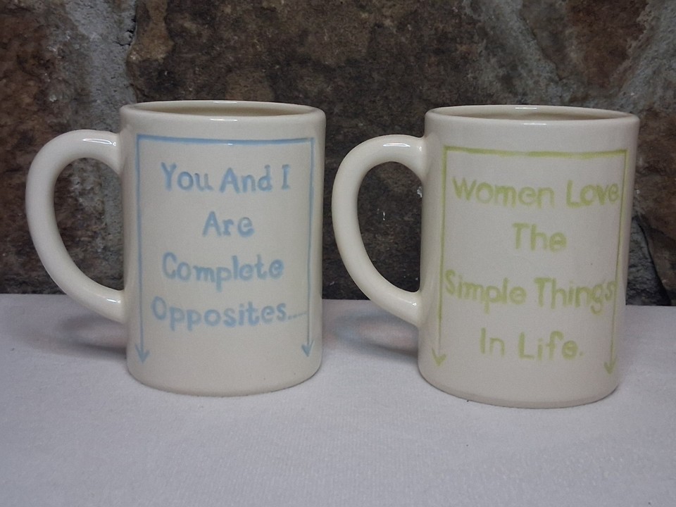 A matched stoneware mug set playing on 'Complete Opposites' — chunky, durable vintage ceramic with couples-humor charm that holds up decades later.