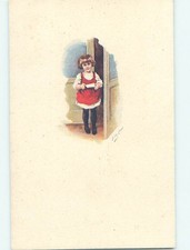 Pre-Linen foreign signed GIRL IN RED DRESS BEHIND THE DOOR : clearance HL8353