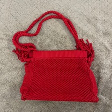 Vtg handmade crochet Purse Handbag red double handle tassels Shoulder Bag