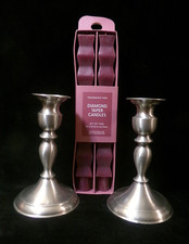 VINTAGE 2 PC SET of LEONARD GENUINE PEWTER CANDLESTICK HOLDERS w/TAPER CANDLES