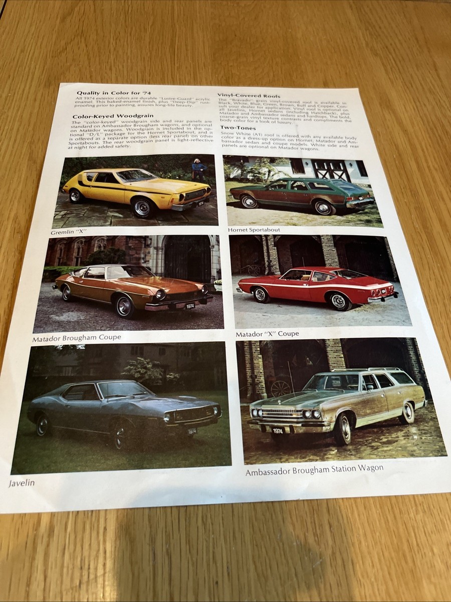 1974 AMC American Motors Car Exterior Paint Color Selection Sheet