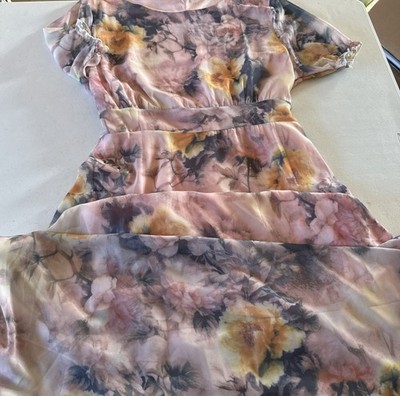 Abstract Print Poly Lined Back Tie Elastic Ruffle Sleeve Lovely Dress M