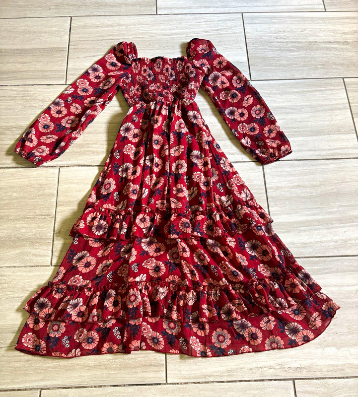Tween Diva Girls M Burgundy Pink Floral Square Neck Smocked Ruffle Long Dress