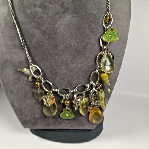 Chunky Charm Necklace Green Yellow Mixed Materials Hearts Butterfly Whimsy - Picture 17 of 24