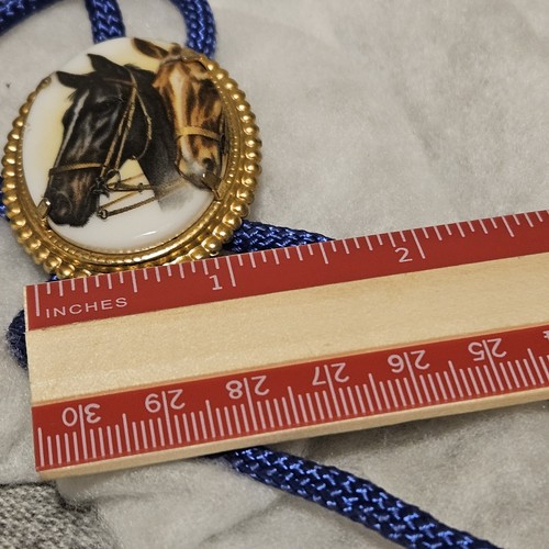 Vintage Two Horses Bolo Tie Stone Blue Gold Tone - Picture 10 of 12