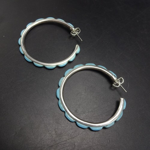 FEDERICO JIMENEZ Sterling Silver BLUE TURQUOISE OUTSIDE INLAY 2" HOOP EARRINGS - Picture 12 of 12