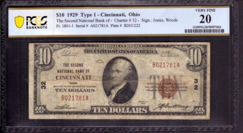 1929 $10 SECOND NATIONAL BANK NOTE CURRENCY CINCINNATI OHIO PCGS B VF 20