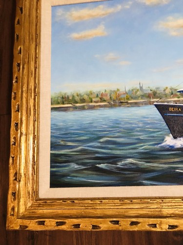 MARINE FISHING BOAT VESSEL SIGNED SEASCAPE SCENE OIL ON CANVAS BEIRA.LITORAL - Picture 3 of 19