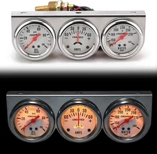 2" 52mm Oil Pressure Amp Meter Water Temp Triple Gauge 3 in 1 Set Chrome Panel