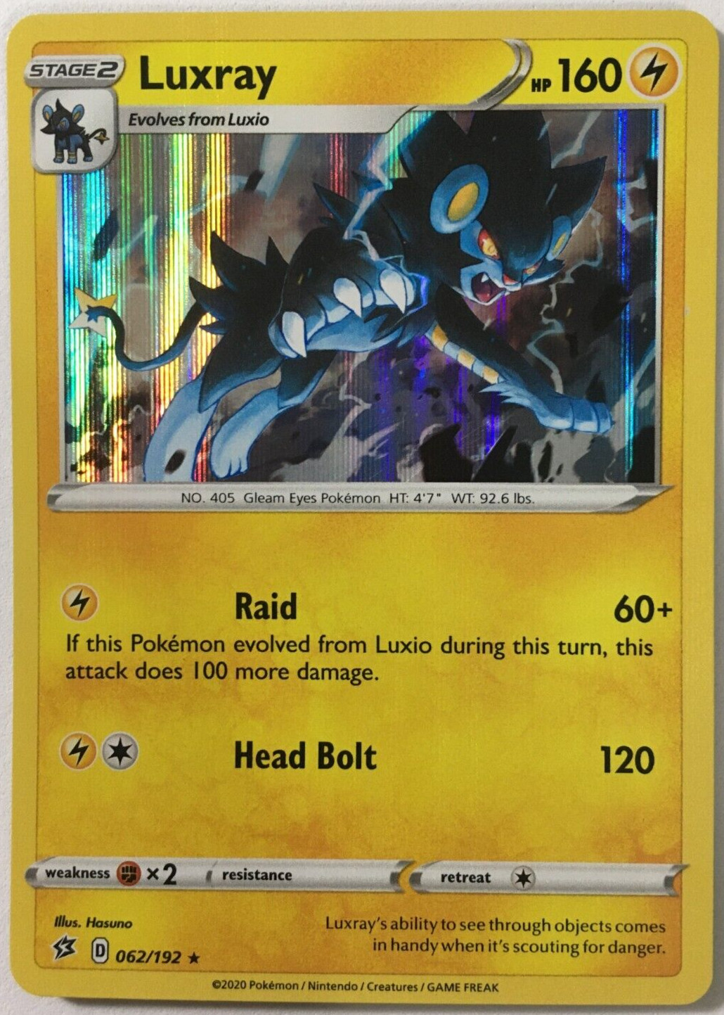 POKEMON LUXRAY 062/192 SWORD & SHIELD REBEL CLASH RARE HOLO NEAR MINT