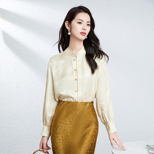 Ladies 100% Real  Silk Womens Long Sleeve Stand Collar Button Shirt Tops - Bild 25 von 25