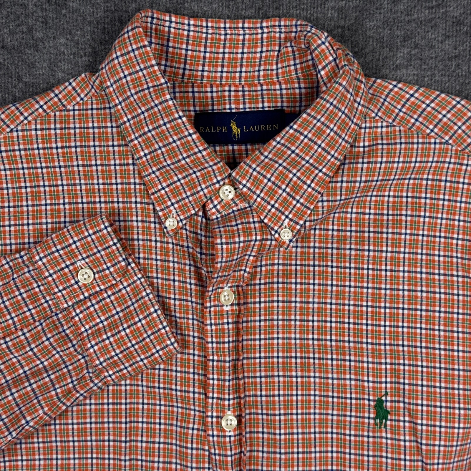 Polo Ralph Lauren Shirt Mens Large Orange Plaid 100% Cotton Casual Green Pony