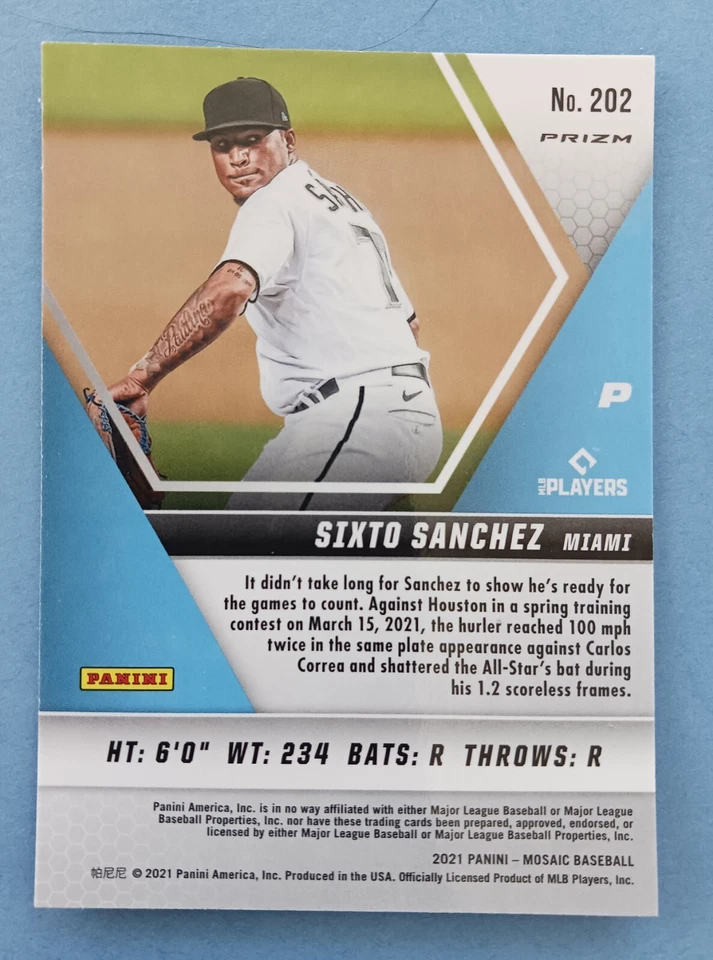 Sixto Sanchez 2021 Panini Mosaic Baseball  Blue Camo Rookie Card #202 RC Miami - Image 2 of 2