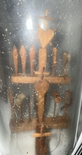 Antique Folk Art Whimsy Bottle Hand Carved Wooden Tools, Crucifix, Rare Stopper - Picture 7 of 24