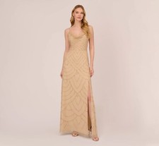 Adrianna Papell ART DECO BEADED MERMAID GOWN w/ COWL NECKLINE IN CHAMPAGNE GOLD