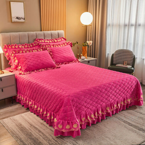 Embroidered Thick Crystal Velvet Bedspread Set Quilted Queen King Size Coverlets - Picture 9 of 68