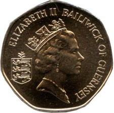 Moneda de 20 peniques Giernésiais | Rueda dentada | Mapa de la isla | Guernsey | 1985 - 1997