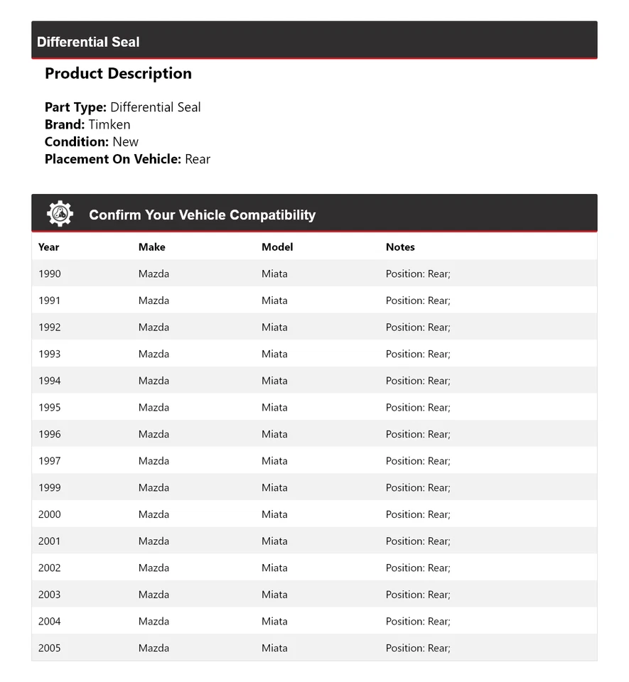 Sello diferencial trasero Timken para Mazda Miata 1990-1997, 1999-2005 Foto 2 de 4
