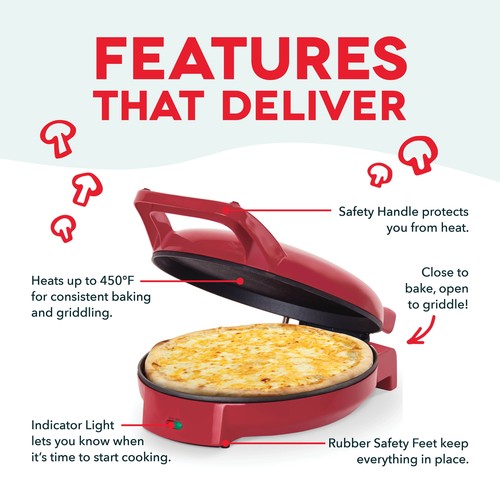 12" Pizza Griddle, Red - Personal Pizza Maker with Dual Cooking Surfaces, Nonsti - Picture 7 of 12