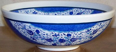CLEARANCE Blue & White 10''x4'' Handpainted Turkish Iznik Tulip Ceramic Bowl