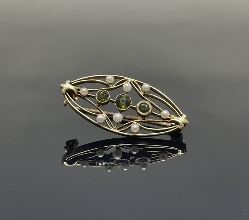 ANTIQUE 14k Gold PERIDOT & Pearl Pin/Brooch 1920's - Picture 1 of 6