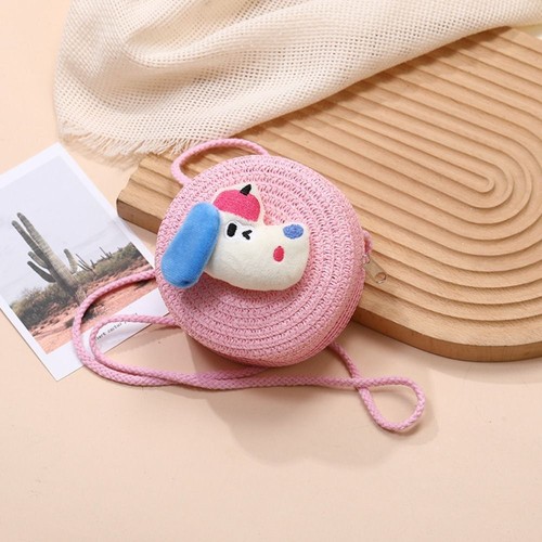 Cartoon Puppy Summer Beach Shoulder Bag Round Kids Coin Purse Cute Woven Bag - Picture 11 of 22