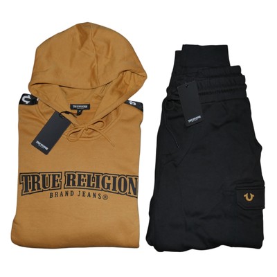 True Religion Mens Logo Tape Sweatsuit Size XL Fleece Tracksuit Wheat/Black NWT