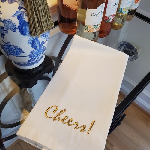 CHEERS! Pottery Barn Cotton White Dish Hand Towel Gold Embroidery 20" x 30" - Picture 21 of 24