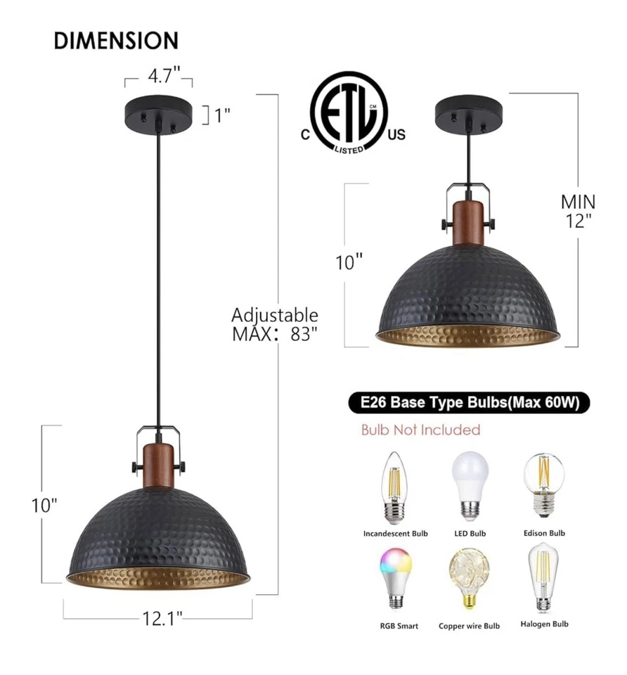 12 Inch Pendant Lights Hammered Matte Pendant Lights M-2-Packs Black - Image 2 of 4