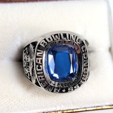 VTG American Bowling Congress 299 Game Ring Size 9.5 Silver Tone Blue Stone Case