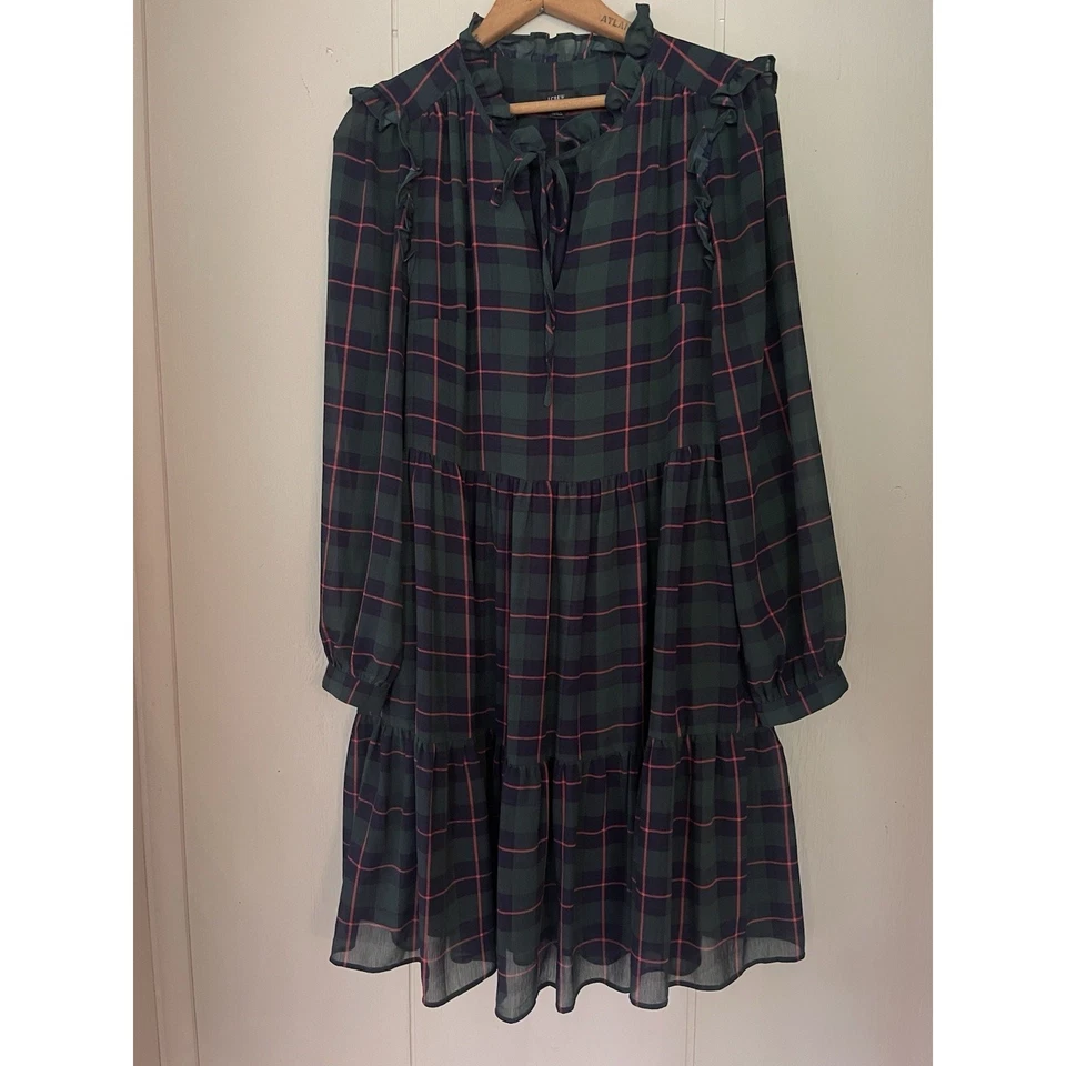 J Crew Classic Black Watch Preppy Holiday Plaid Tie-Neck Tiered Dress Pockets S - Image 2 of 4