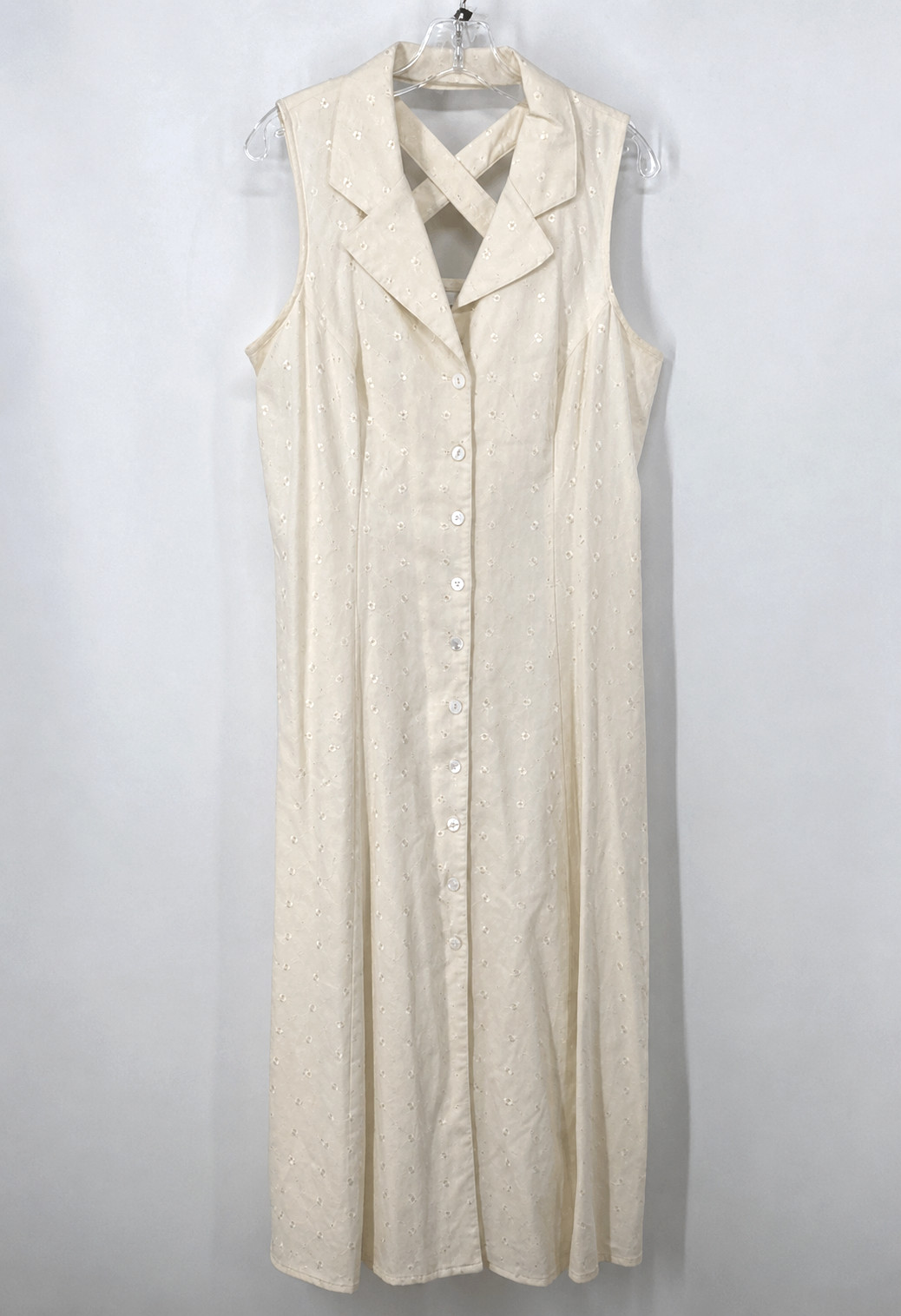 Vintage Linen Blend Maxi Dress Size 14 Sleeveless Embroidered Floral Cream White