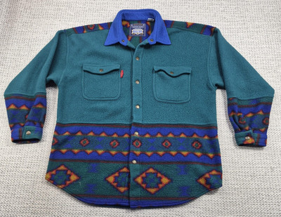 Vintage Bugle Boy Snap Up Jacket Mens Large Teal Fleece Aztec Western 90s 80s