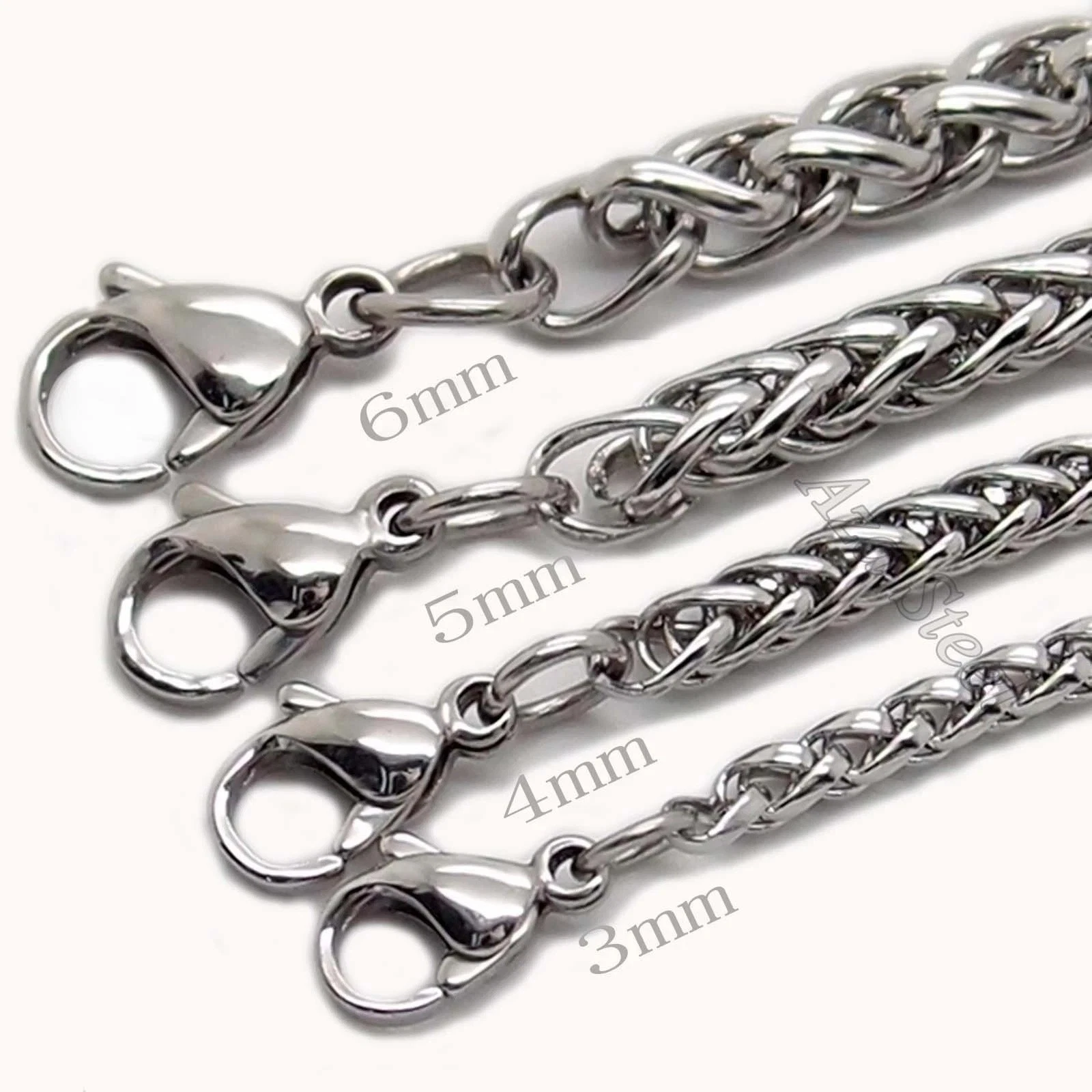 3/4/5/6MM 18-36" MENS Silver Stainless Steel Wheat Braided Chain Necklace Link - product detail image 3